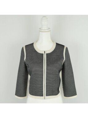 Narciso Rodriguez Women's Size 10 Black Cream Striped Silk Blend Zip Cardigan